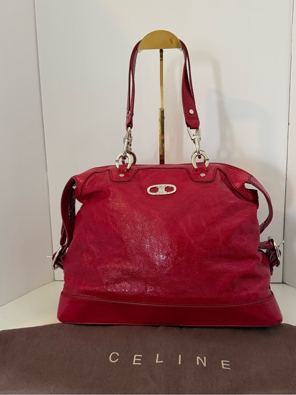 Celine Vibrant Red Leather Shoulder Bag with Silver Hardware